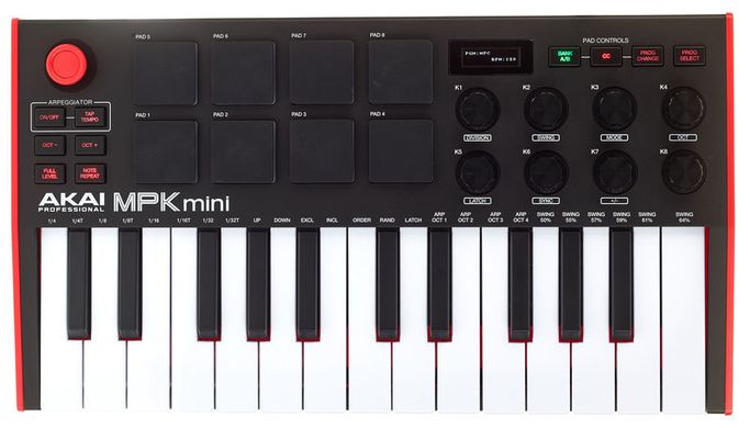 MIDI-клавиатура AKAI MPK MINI MK3, Красно-белый